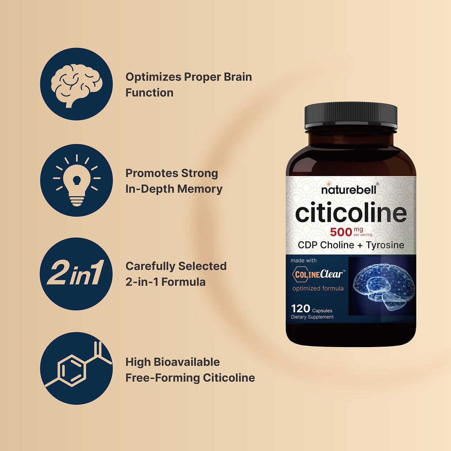 NatureBell Citicoline 500mg + Tyrosine 50mg – 120 Capsules | Dual Action Brain Support