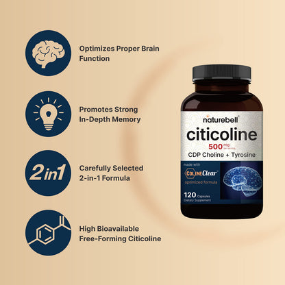 NatureBell Citicoline 500mg + Tyrosine 50mg – 120 Capsules | Dual Action Brain Support