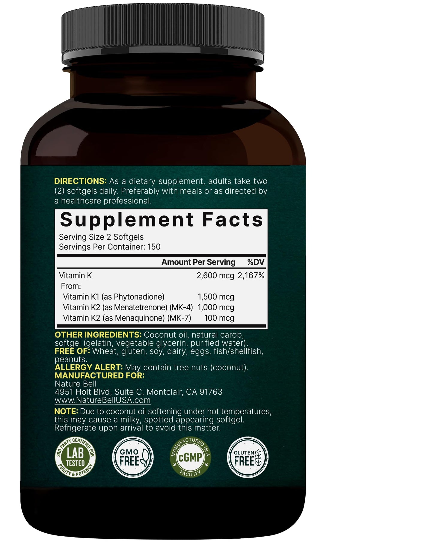 NatureBell Vitamin K Complex K1+K2 (MK-7/MK-4) 2600mcg | 300 Softgels | Non-GMO
