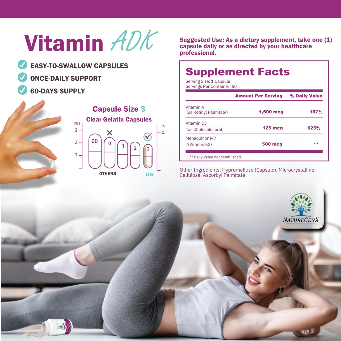 NatureGenX ADK Vitamin Supplement - Enhanced Bone Support (Gluten-Free, 120 Capsules Pack of 2)