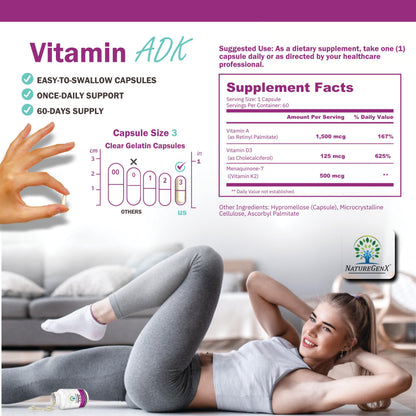 NatureGenX ADK Vitamin Supplement - Enhanced Bone Support (Gluten-Free, 120 Capsules Pack of 2)