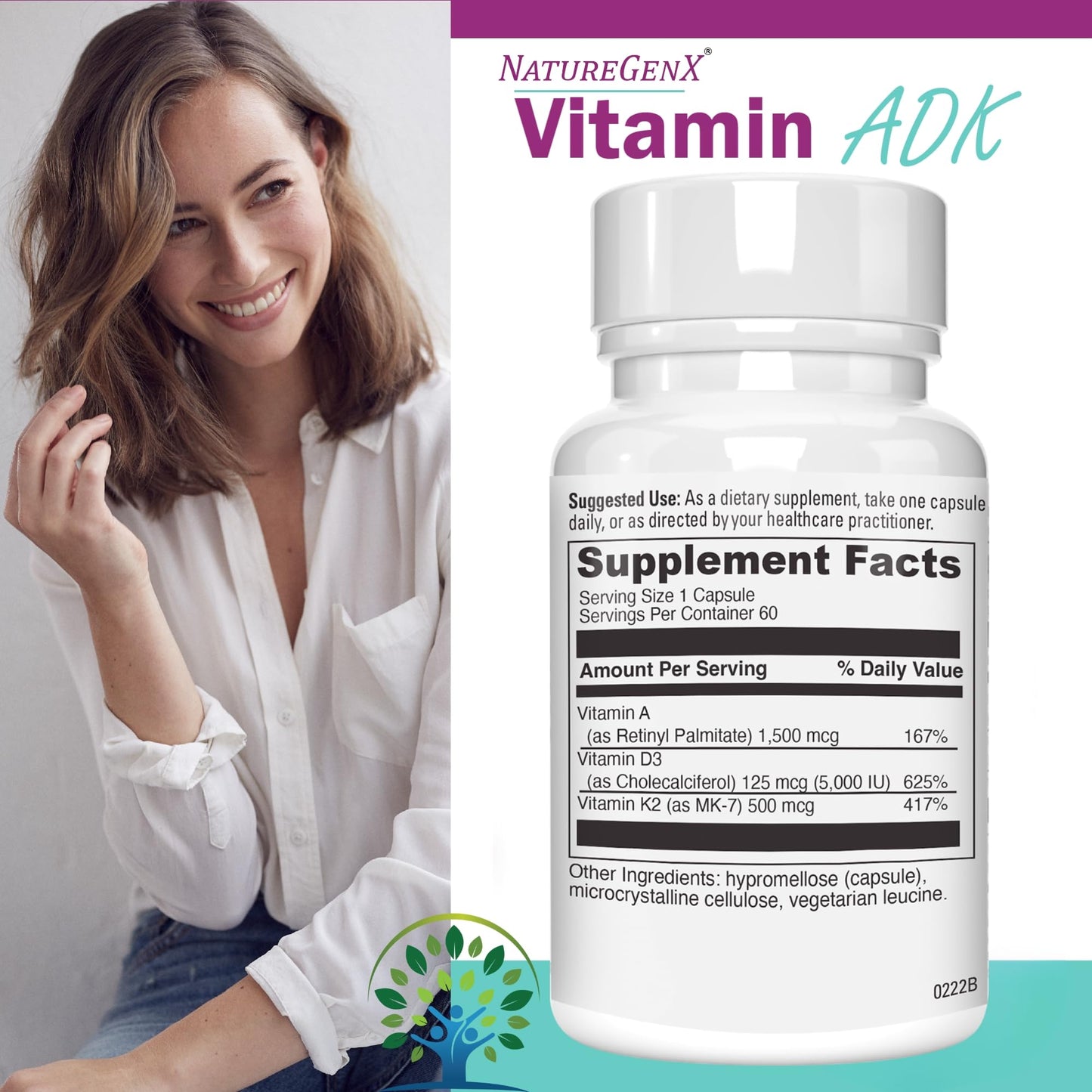 NatureGenX ADK Vitamin Supplement - Enhanced Bone Support (Gluten-Free, 120 Capsules Pack of 2)
