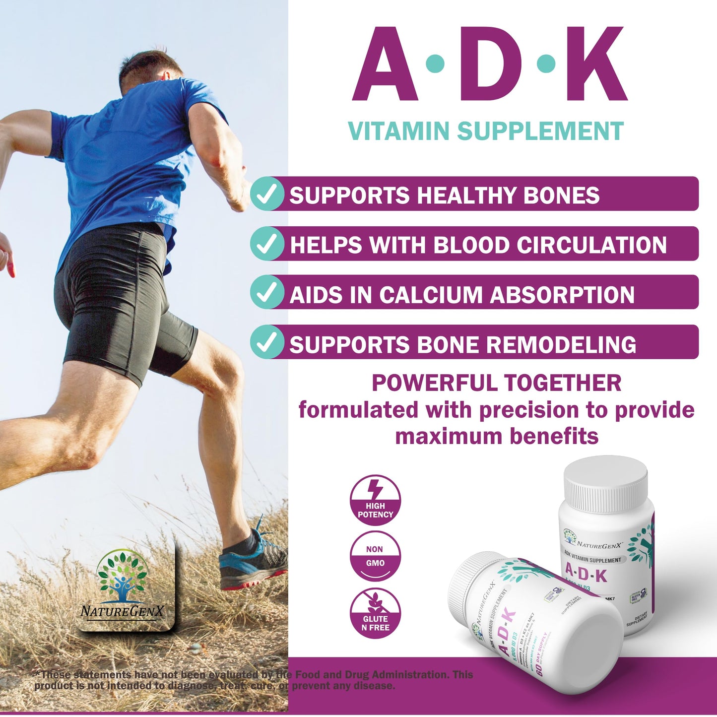 NatureGenX ADK Vitamin Supplement - Enhanced Bone Support (Gluten-Free, 120 Capsules Pack of 2)