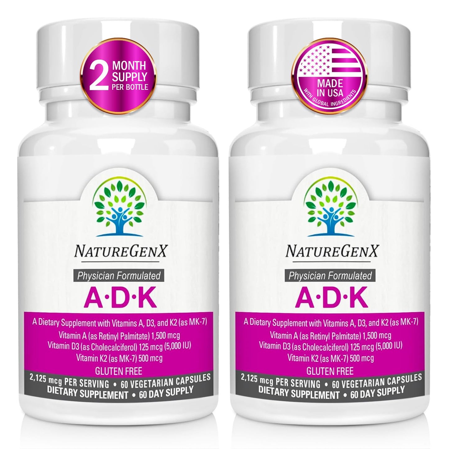 NatureGenX ADK Vitamin Supplement - Enhanced Bone Support (Gluten-Free, 120 Capsules Pack of 2)