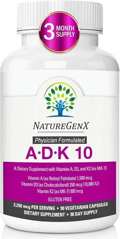 NatureGenX ADK10 – High Potency Vitamin ADK (D3 10,000 IU, K2 MK-7) | Bone, Immune & Heart Support | 90 Capsules
