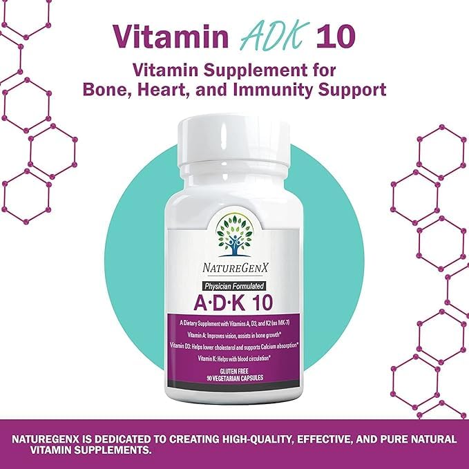 NatureGenX ADK10 – High Potency Vitamin ADK (D3 10,000 IU, K2 MK-7) | Bone, Immune & Heart Support | 90 Capsules