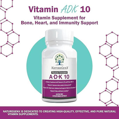 NatureGenX ADK10 – High Potency Vitamin ADK (D3 10,000 IU, K2 MK-7) | Bone, Immune & Heart Support | 90 Capsules