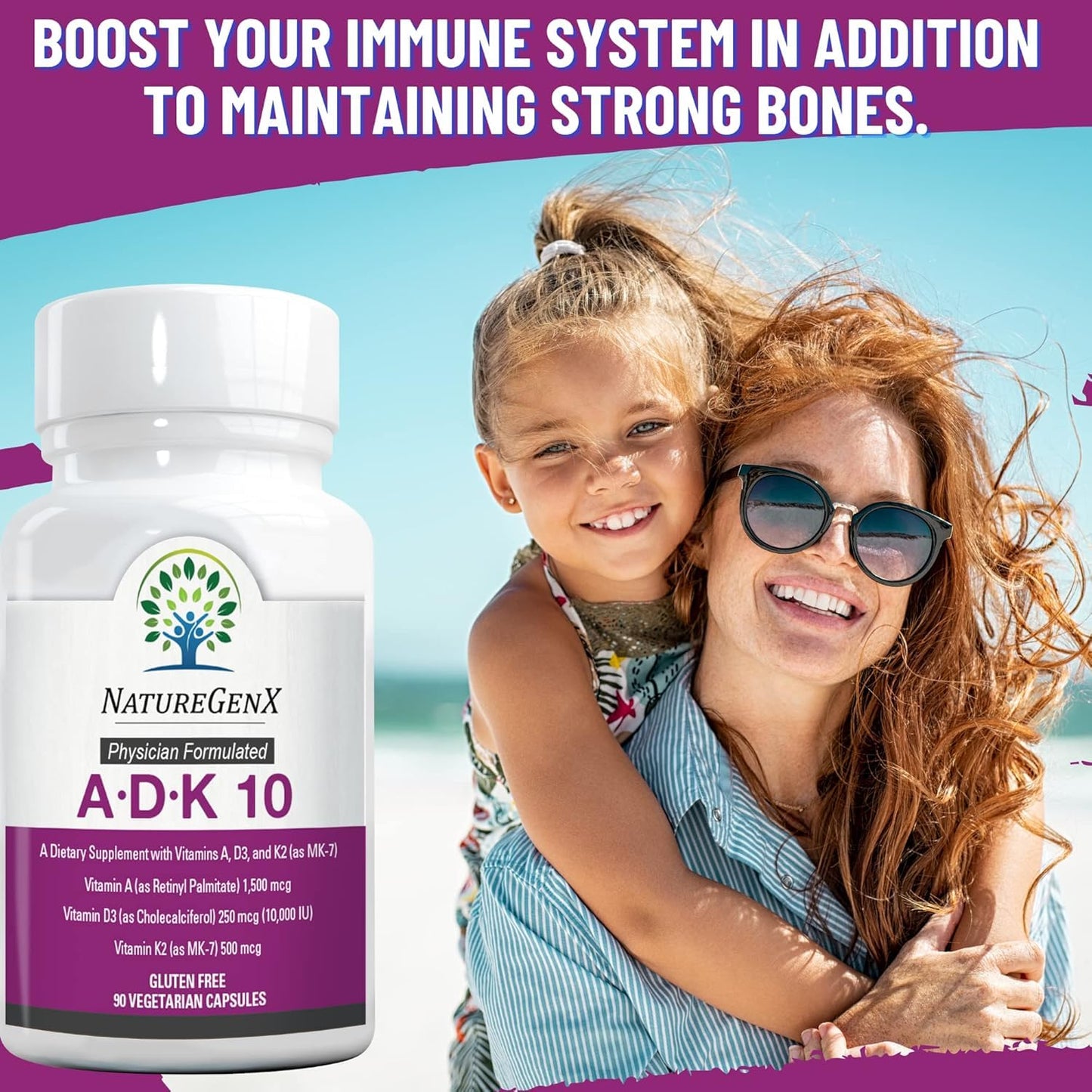NatureGenX ADK10 – High Potency Vitamin ADK (D3 10,000 IU, K2 MK-7) | Bone, Immune & Heart Support | 90 Capsules