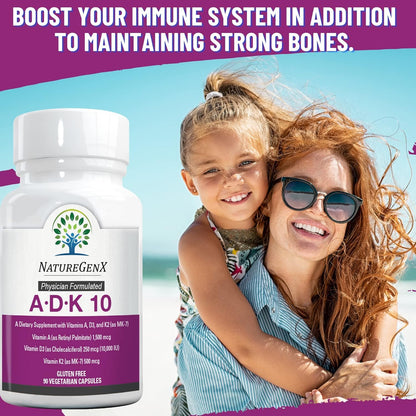 NatureGenX ADK10 – High Potency Vitamin ADK (D3 10,000 IU, K2 MK-7) | Bone, Immune & Heart Support | 90 Capsules