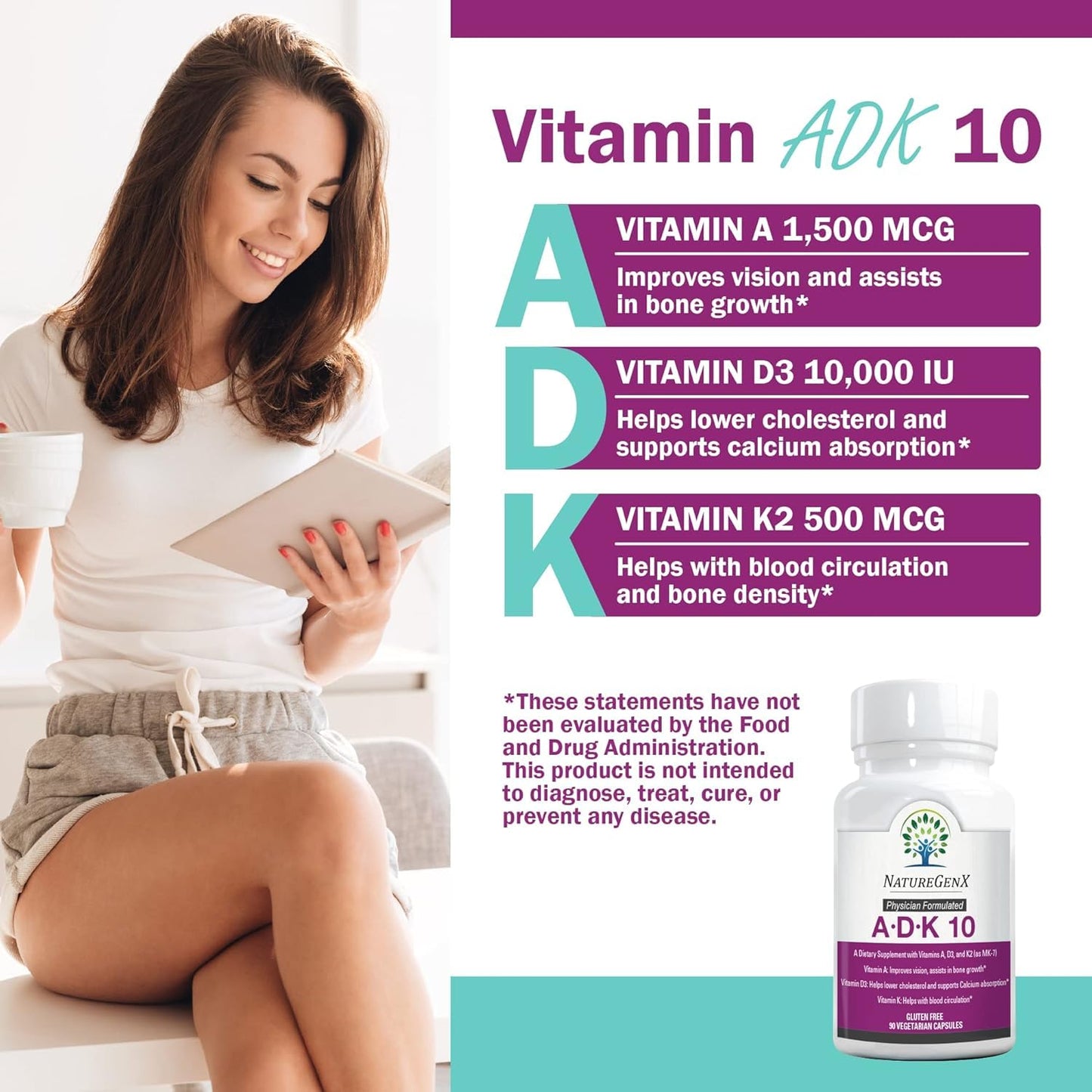 NatureGenX ADK10 – High Potency Vitamin ADK (D3 10,000 IU, K2 MK-7) | Bone, Immune & Heart Support | 90 Capsules