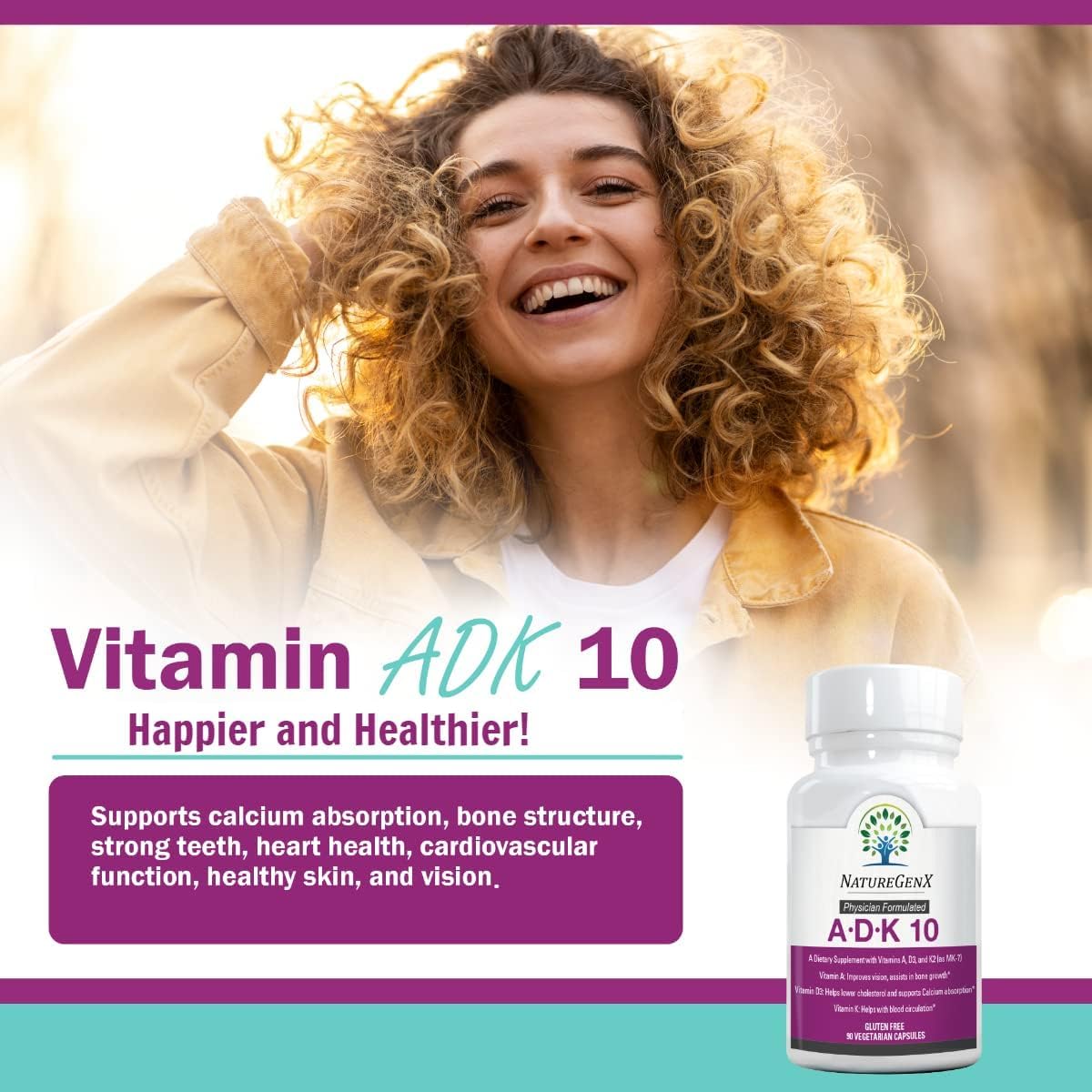 NatureGenX ADK10 – High Potency Vitamin ADK (D3 10,000 IU, K2 MK-7) | Bone, Immune & Heart Support | 90 Capsules