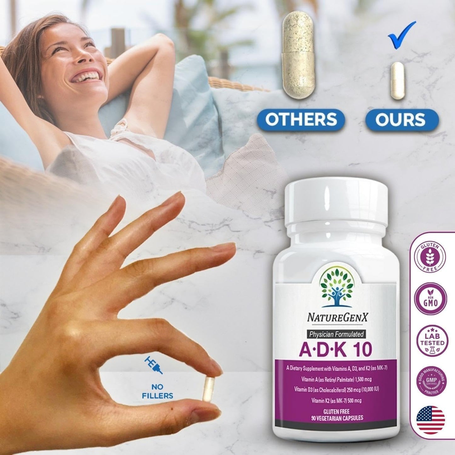 NatureGenX ADK10 – High Potency Vitamin ADK (D3 10,000 IU, K2 MK-7) | Bone, Immune & Heart Support | 90 Capsules