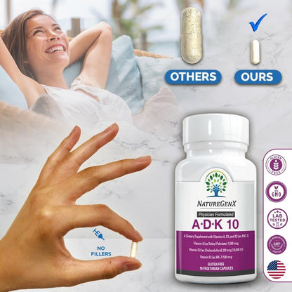 NatureGenX ADK10 – High Potency Vitamin ADK (D3 10,000 IU, K2 MK-7) | Bone, Immune & Heart Support | 90 Capsules