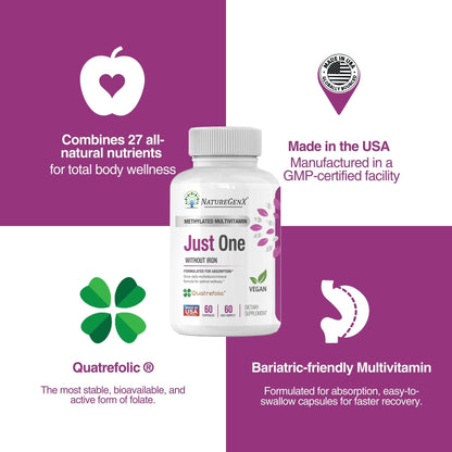 NatureGenX Just One Daily Methylated Multivitamin – 60 Vegan Capsules, USA-Made, Iron-Free