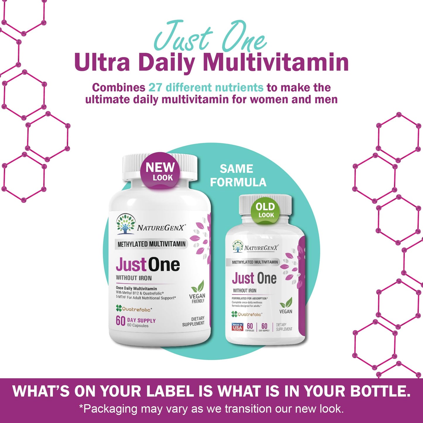 NatureGenX Just One Daily Methylated Multivitamin - 60 Caps, 2-Month Supply, Iron-Free, MTHFR Support, Gluten Free