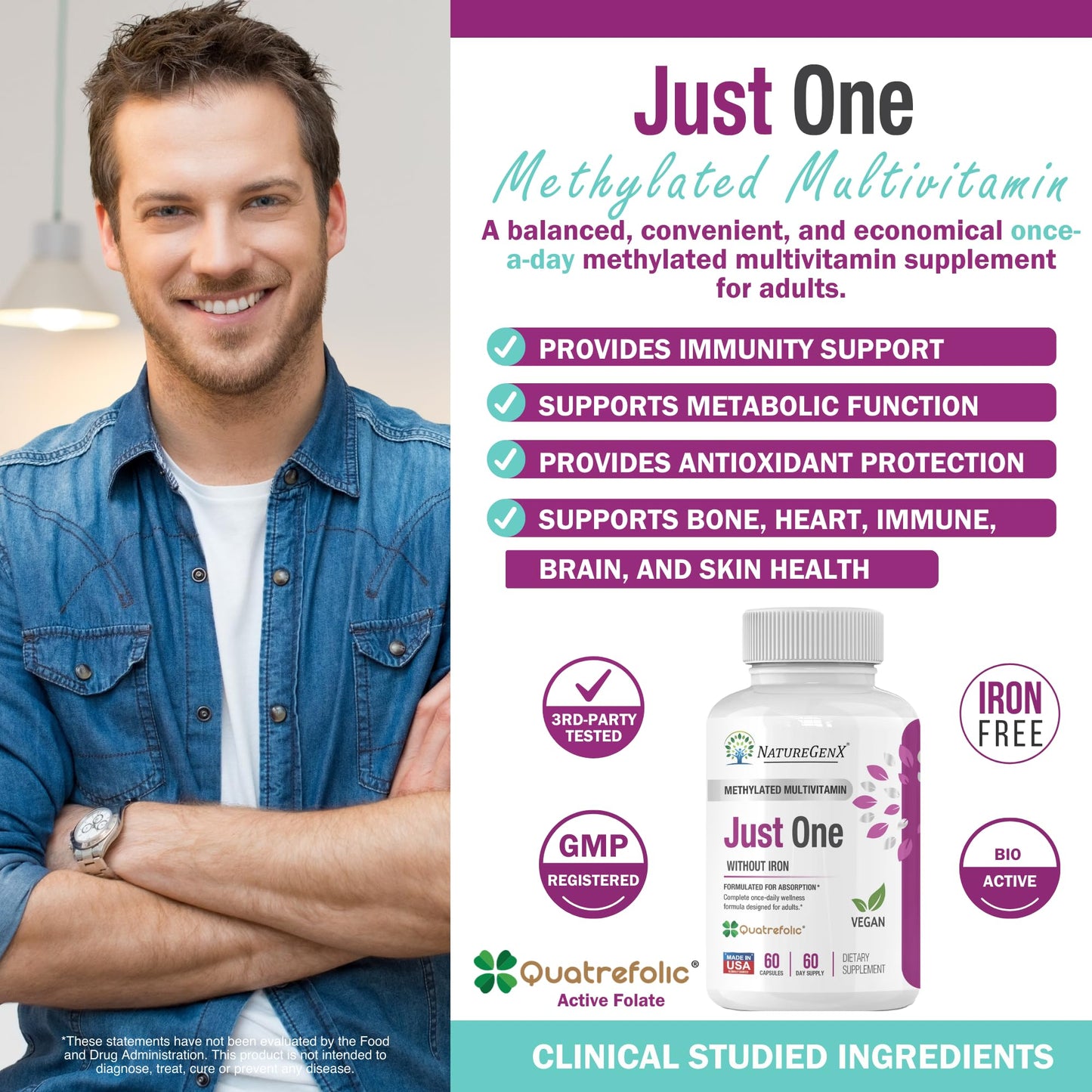 NatureGenX Just One Daily Methylated Multivitamin – 60 Vegan Capsules, USA-Made, Iron-Free