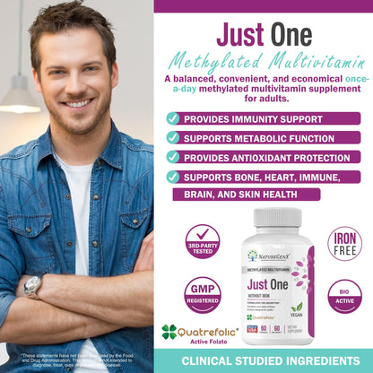 NatureGenX Just One Daily Methylated Multivitamin – 60 Vegan Capsules, USA-Made, Iron-Free