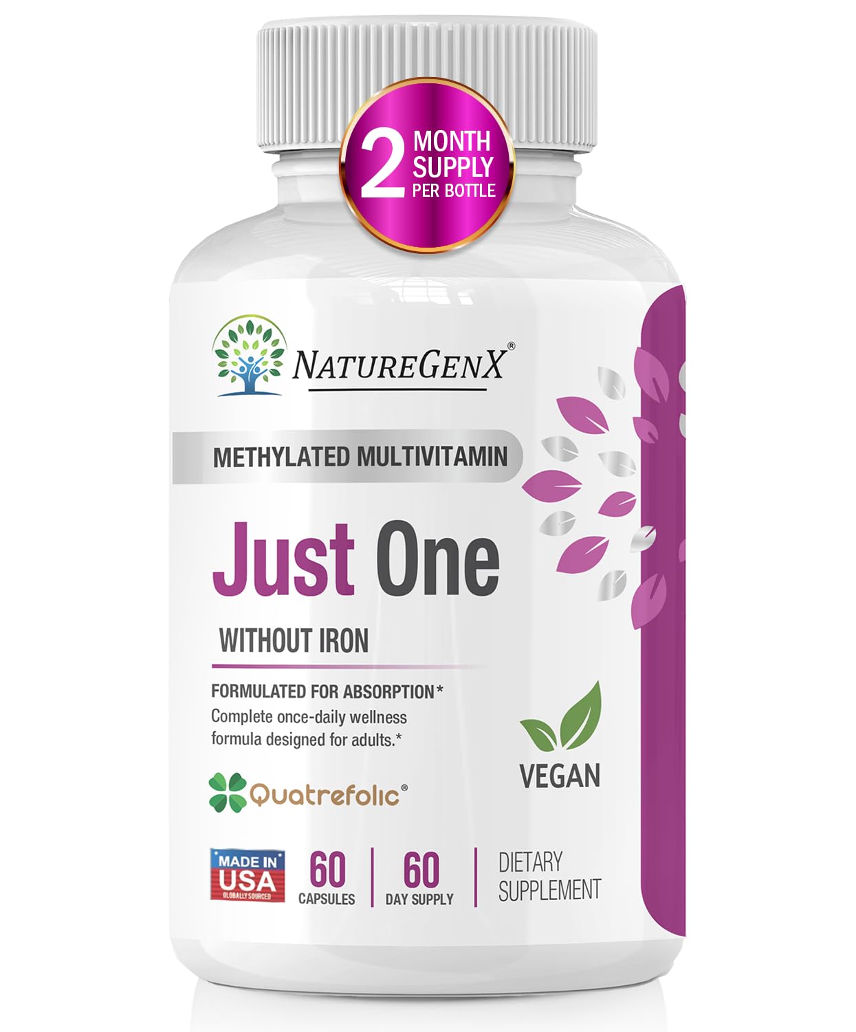 NatureGenX Just One Daily Methylated Multivitamin - 60 Caps, 2-Month Supply, Iron-Free, MTHFR Support, Gluten Free