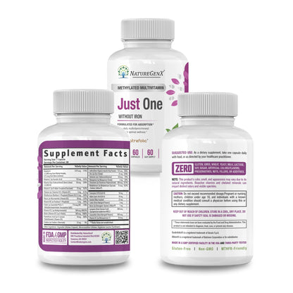 NatureGenX Just One Daily Methylated Multivitamin - 60 Caps, 2-Month Supply, Iron-Free, MTHFR Support, Gluten Free