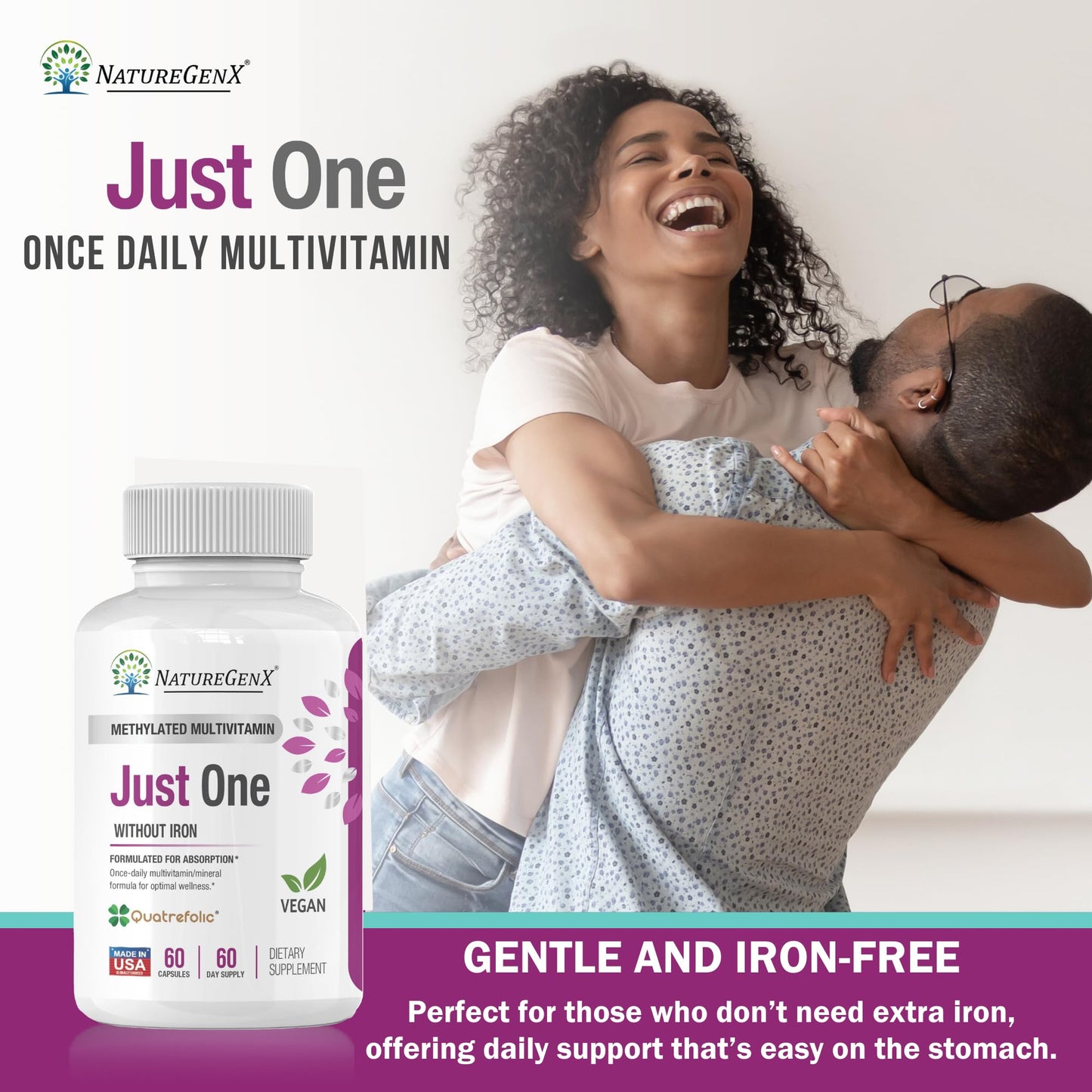 NatureGenX Just One Daily Methylated Multivitamin – 60 Vegan Capsules, USA-Made, Iron-Free