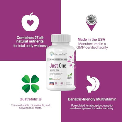 NatureGenX Just One Daily Methylated Multivitamin - 60 Caps, 2-Month Supply, Iron-Free, MTHFR Support, Gluten Free
