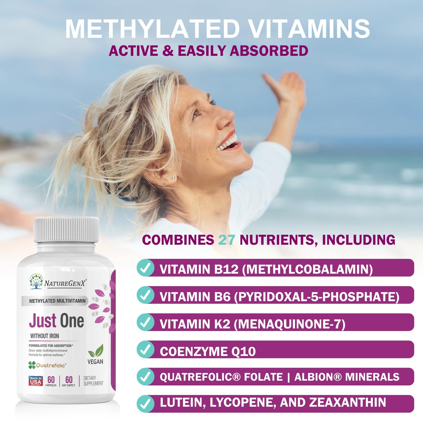 NatureGenX Just One Daily Methylated Multivitamin - 60 Caps, 2-Month Supply, Iron-Free, MTHFR Support, Gluten Free