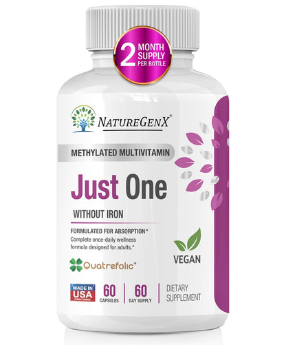 NatureGenX Just One Daily Methylated Multivitamin - 60 Caps, 2-Month Supply, Iron-Free, MTHFR Support, Gluten Free