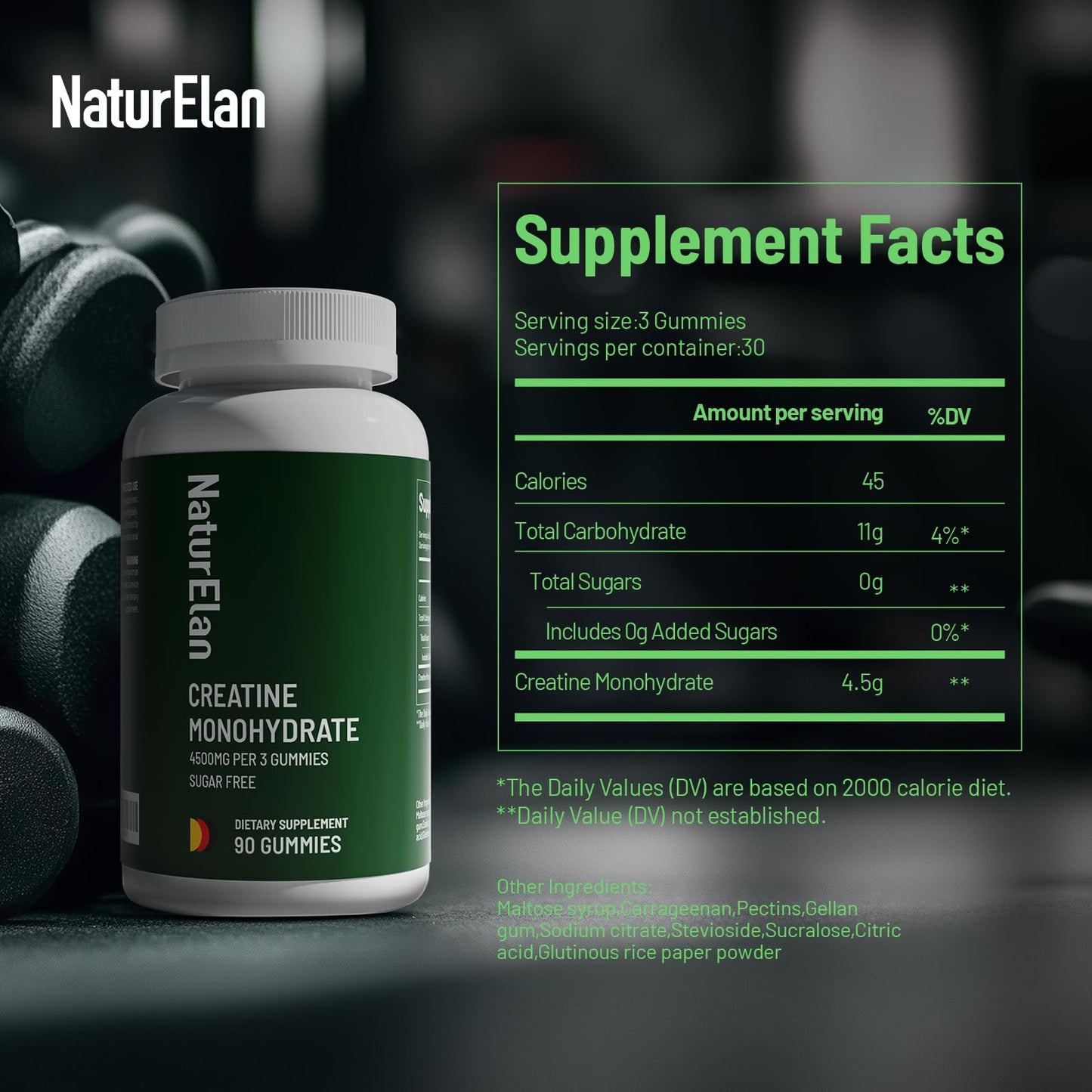 NaturElan Creatine Monohydrate Gummies – Sugar Free, No Gelatin, Vegan, Third-Party Tested | Pre-Workout & Recovery