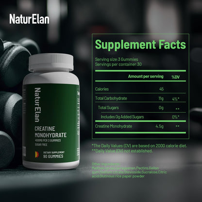 NaturElan Creatine Monohydrate Gummies – Sugar Free, No Gelatin, Vegan, Third-Party Tested | Pre-Workout & Recovery