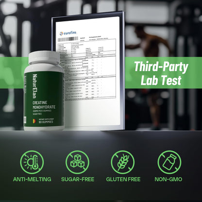 NaturElan Creatine Monohydrate Gummies – Sugar Free, No Gelatin, Vegan, Third-Party Tested | Pre-Workout & Recovery