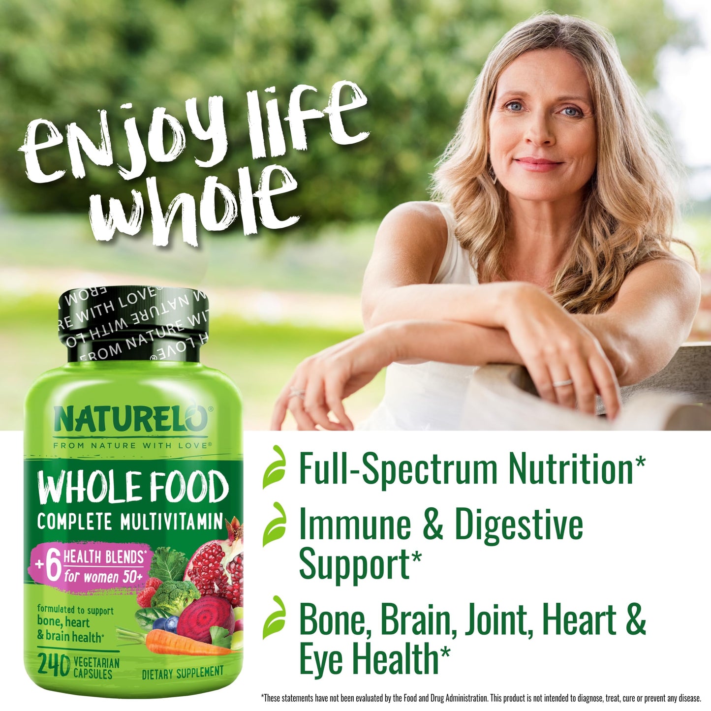 NATURELO Whole Food Multivitamin for Women 50+ – Iron Free, Plant-Based