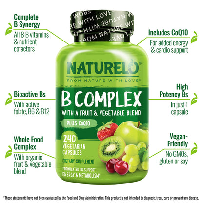 NATURELO Vitamin B Complex – 240 Vegan Capsules with CoQ10 | Methylated B Vitamins