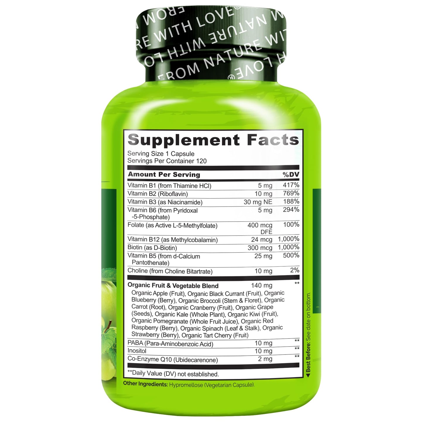 NATURELO Vitamin B Complex – 120 Capsules, Vegan, CoQ10 & Methyl Folate
