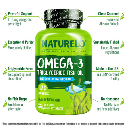 NATURELO Burpless Omega-3 Fish Oil - 1100mg TG EPA + DHA | 120 Softgels | 4 Months Supply