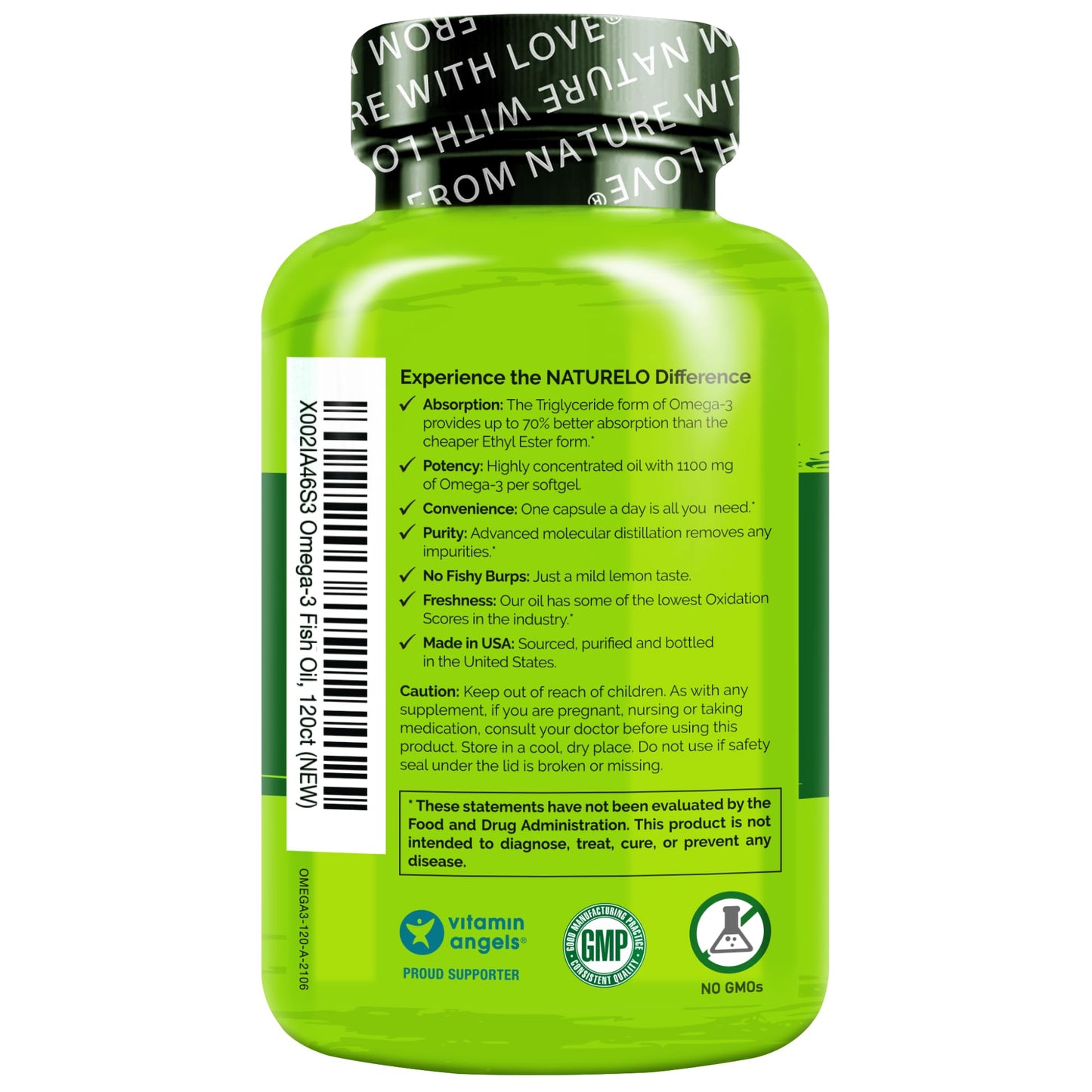 NATURELO Burpless Omega-3 Fish Oil - 1100mg TG EPA + DHA | 120 Softgels | 4 Months Supply