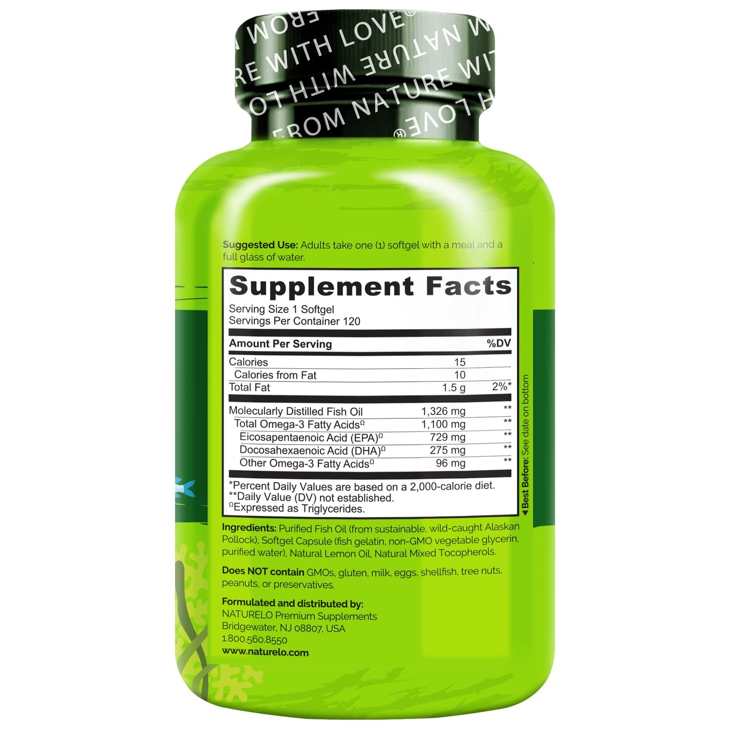 NATURELO Burpless Omega-3 Fish Oil - 1100mg TG EPA + DHA | 120 Softgels | 4 Months Supply