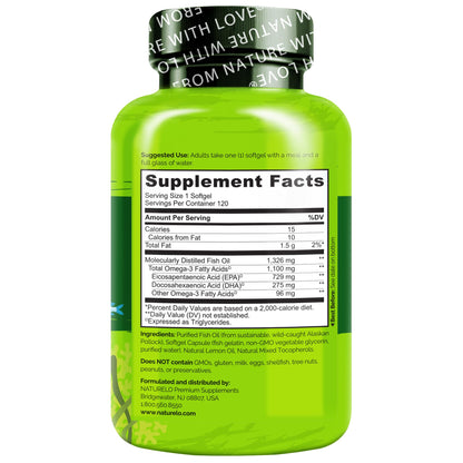 NATURELO Burpless Omega-3 Fish Oil - 1100mg TG EPA + DHA | 120 Softgels | 4 Months Supply
