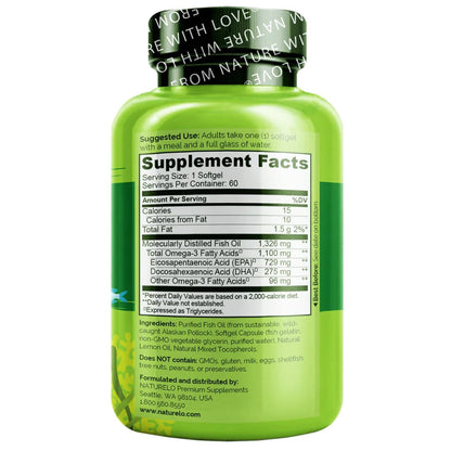 Naturelo Burpless Omega-3 Fish Oil 1100mg TG – EPA + DHA, 60 Softgels