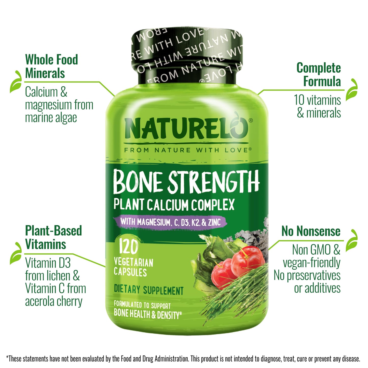 NATURELO Calcium 600 mg with D3, K2, Magnesium & Zinc – Plant-Based, 120 Veggie Capsules