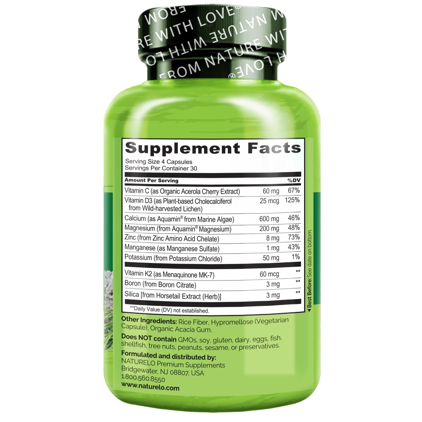 NATURELO Calcium 600 mg with D3, K2, Magnesium & Zinc – Plant-Based, 120 Veggie Capsules