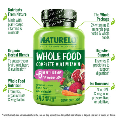 NATURELO Whole Food Multivitamin for Women 50+ – Iron Free, Plant-Based