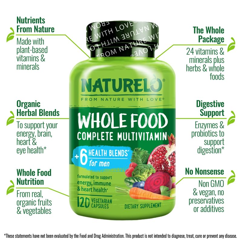 NATURELO Mens Multivitamins – Whole Food Multivitamin for Men | 120 Vegetarian Capsules
