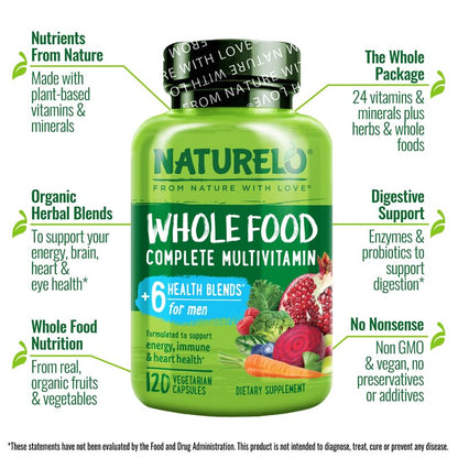 NATURELO Mens Multivitamins – Whole Food Multivitamin for Men | 120 Vegetarian Capsules