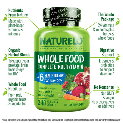 NATURELO Whole Food Multivitamin for Men 50+ – Plant-Based, 240 Capsules