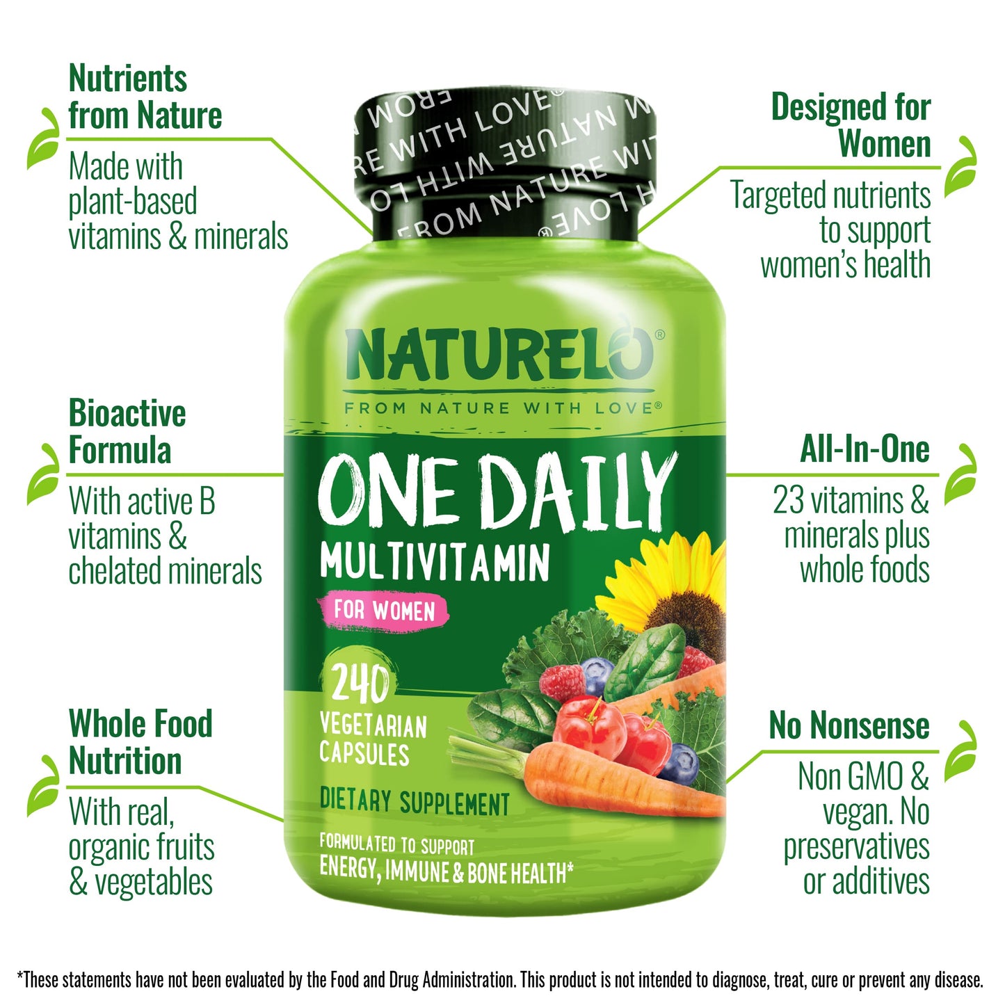 NATURELO One Daily Multivitamin for Women – 240 Ct | Vegan, Non-GMO, Gluten Free