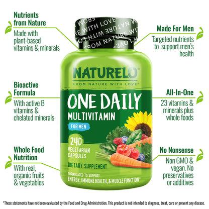 NATURELO Mens Multivitamins – One Daily Multivitamin for Men with Organic Whole Foods & High-Absorption Nutrients | Non-GMO, 240 Veggie Capsules