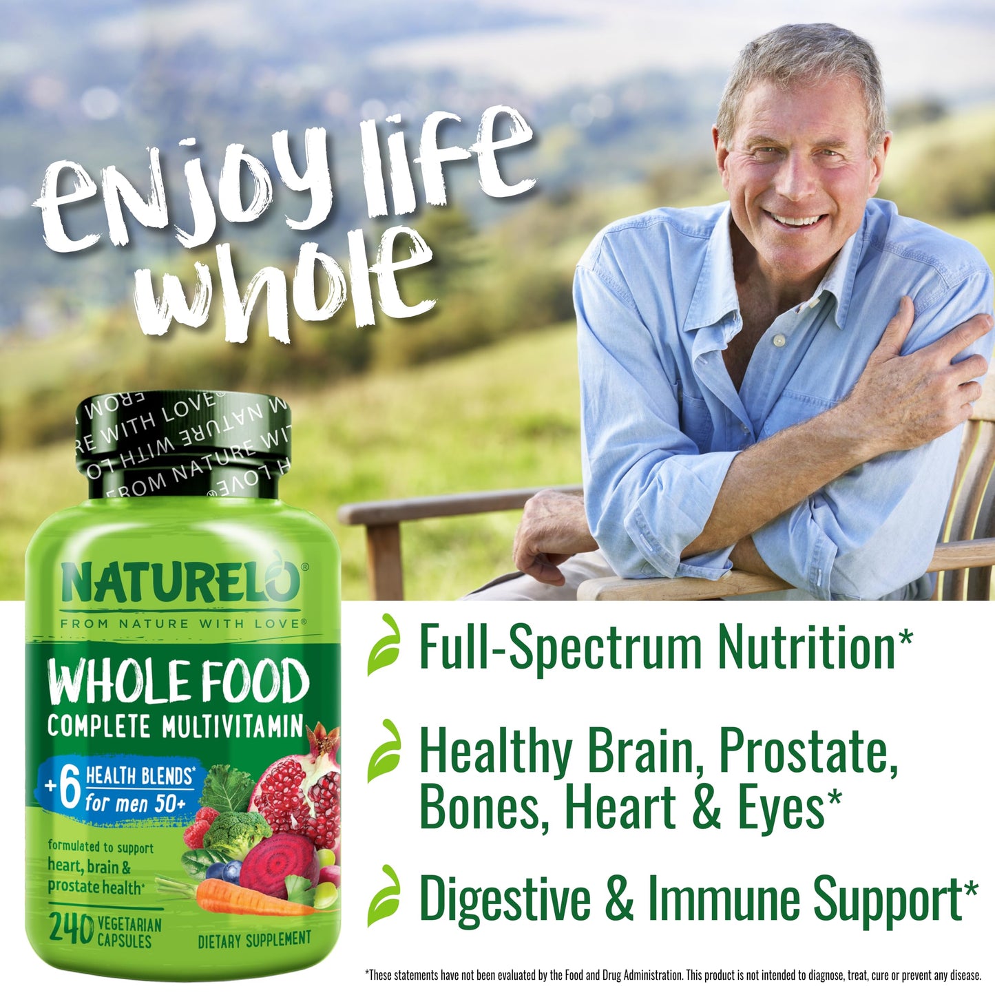 NATURELO Whole Food Multivitamin for Men 50+ – Plant-Based, 240 Capsules