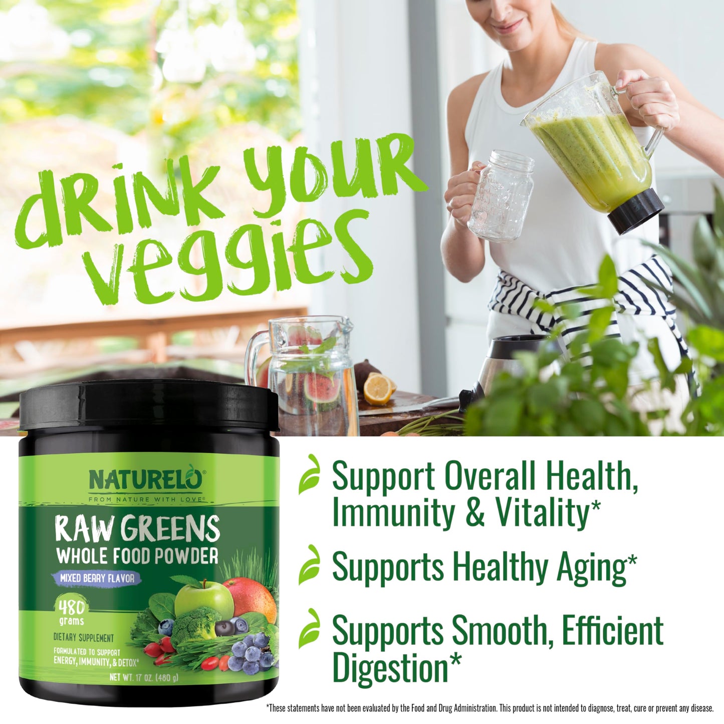 NATURELO Raw Greens Powder – Mixed Berry, 480 g | Energy, Immunity & Detox Support