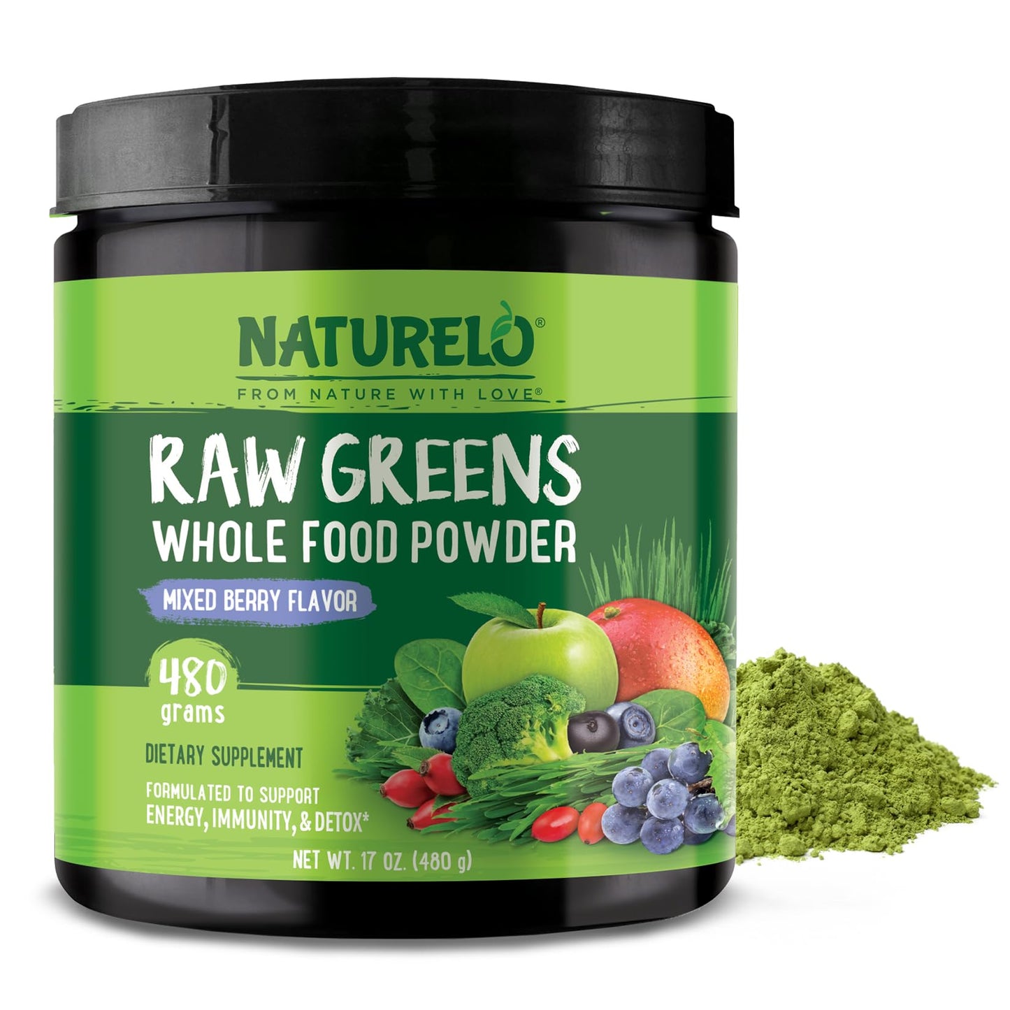 NATURELO Raw Greens Powder – Mixed Berry, 480 g | Energy, Immunity & Detox Support