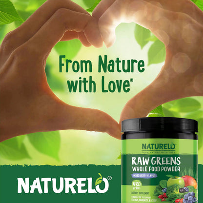 NATURELO Raw Greens Powder – Mixed Berry, 480 g | Energy, Immunity & Detox Support
